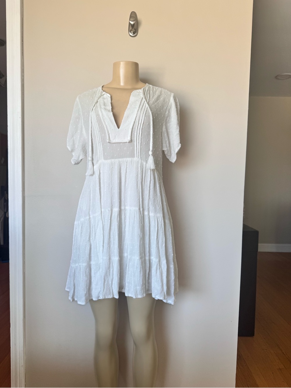 Olivaceous White Swiss Dot Peasant Dress
